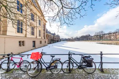 Rusty bicycles in front of the panoramic view of the Dutch parliament buildin Stock-Fotos