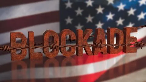 Rusty Blockade Concept With Barbed Wire Over American Flag 3d render. Stock Illustration