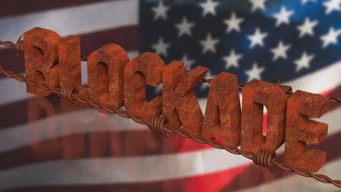 Rusty Blockade Concept With Barbed Wire Over American Flag 3d render. Stock Illustration