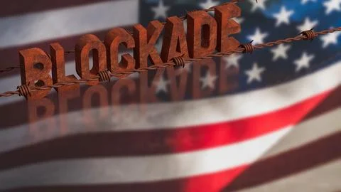 Rusty Blockade Concept With Barbed Wire Over American Flag 3d render. Stock Illustration