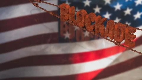Rusty Blockade Concept With Barbed Wire Over American Flag 3d render. Illustrazione stock
