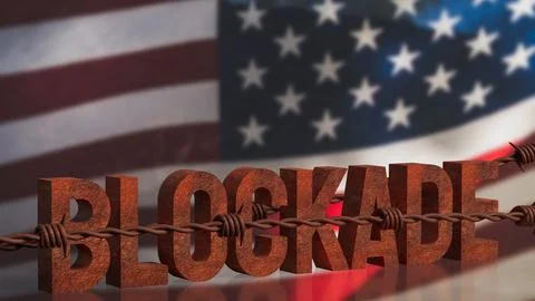 Rusty Blockade Concept With Barbed Wire Over American Flag 3d render. Foto stock
