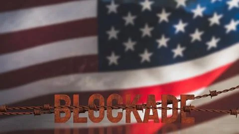 Rusty Blockade Concept With Barbed Wire Over American Flag 3d render. Foto stock