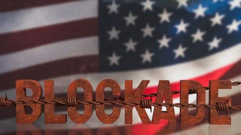 Rusty Blockade Concept With Barbed Wire Over American Flag 3d render. Foto stock