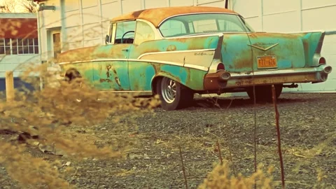 A rusty blue retro car Stock Footage 302862972
