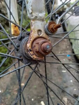 Rusty bolt on bicycle wheel 스톡 사진