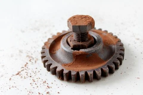 Rusty bolt, nut and gear wheel made of chocolate isolated on white background Stock Photos