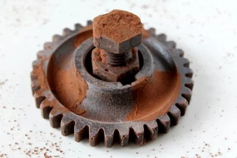 Rusty bolt, nut and gear wheel made of chocolate isolated on white background Stock Photos