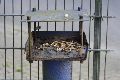Rusty box on blue pole with trash and chewing gum and cigarette butts Stock Photos