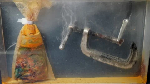 Rusty c-clamp with new metal replacing corrosion during electrolytic cleaning Vidéo 319473845