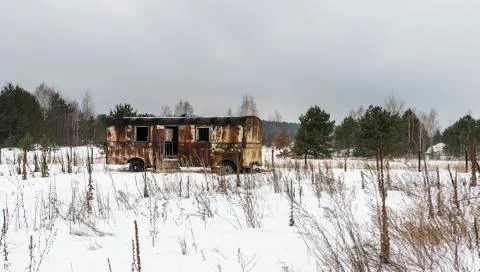 Rusty Caravan in Snow Chernobyl Stock Photos