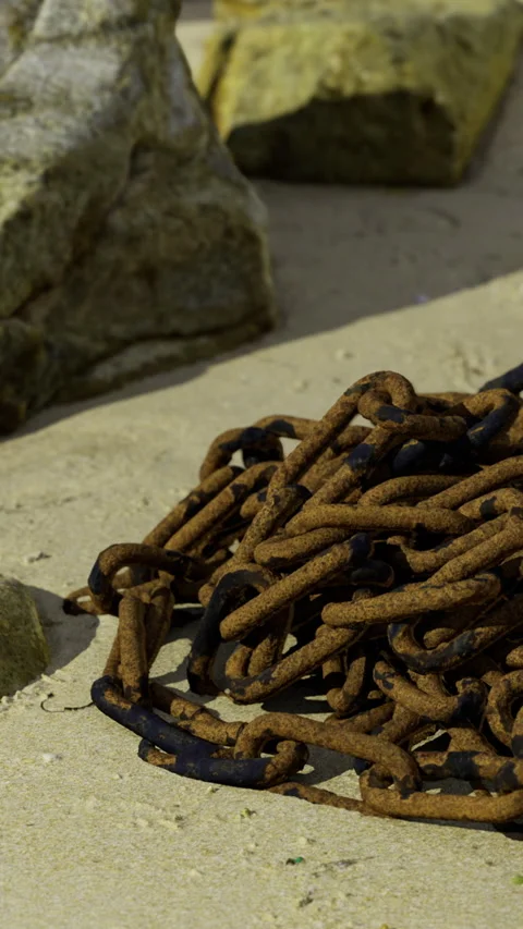 Rusty chain found near rocks on a sandy beach in the afternoon light Stock Footage 336397125