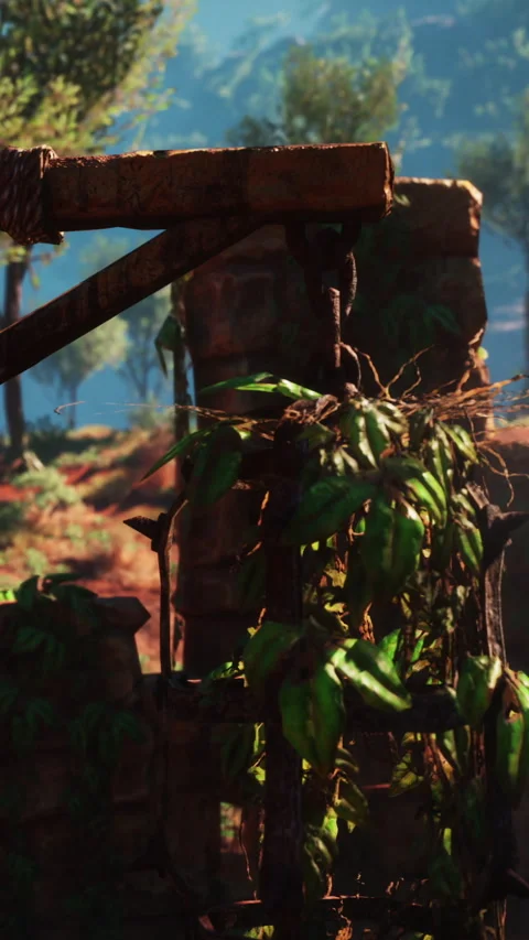 Rusty chain hangs from old structure with plants in natural setting Stock Footage 339036475