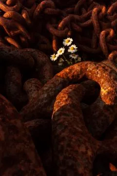 Rusty chains cradling spring flowers Stock Photos