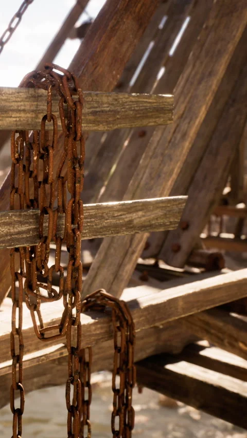 Rusty chains hang from wooden beams in an old construction site Stock Footage 337891367