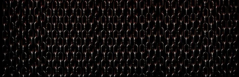 Rusty chains isolated on black. Panoramic background of chains on a black Stock Photos