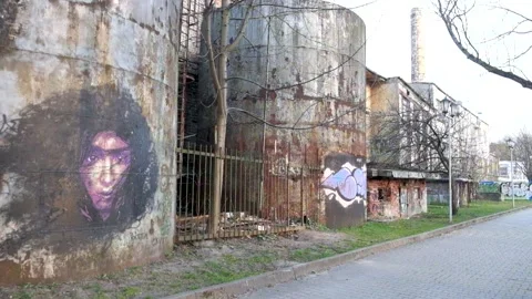 Rusty cisterns with drawn graphite Stock Footage 181040638