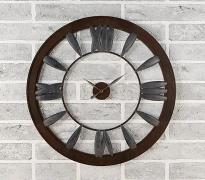 Rusty clock hanging on white brick wall Stock Illustration