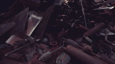 Rusty Collection of Scrap Metal and Debris in Dimly Lit Industrial Area Stock Footage 294997023