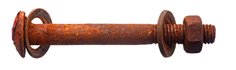 Rusty construction bolt close-up on white isolated Stock Photos