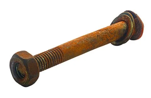 Rusty construction bolt close-up on white isolated Stock Photos