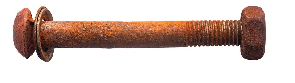 Rusty construction bolt close-up on white isolated Stock Photos