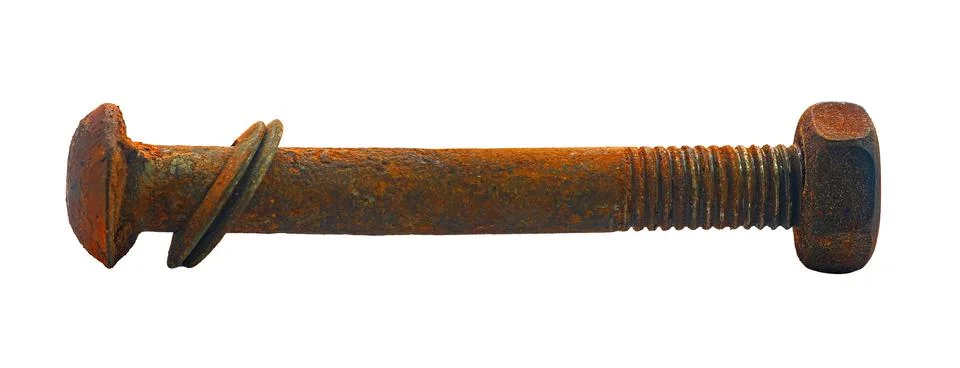 Rusty construction bolt close-up on white isolated Stock Photos