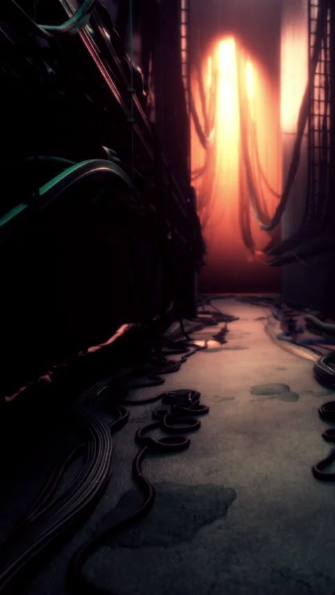 Rusty corridor with strange light in a digital world during dark hours Stock Footage 337997610
