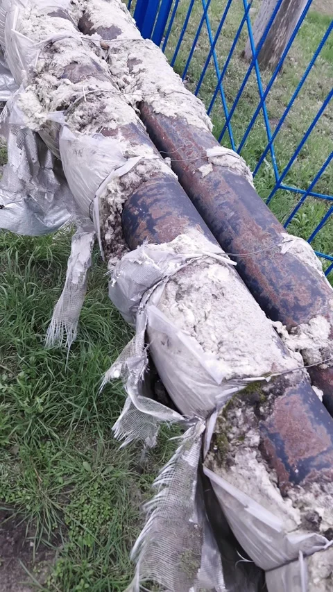 Rusty Corroded Industrial Pipes with Damaged Peeling Insulation in Field Stock Footage 339001724