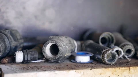 Rusty cut pipes, tubes, hoses, valves and other working tools on shelf in Stock Footage 344648120