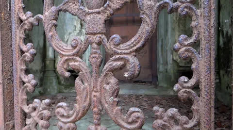 Rusty Decorative Gate at Mausoleum Stock Footage 22606370