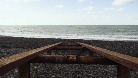 Rusty descent for boats on the shore Stock Footage 82615336