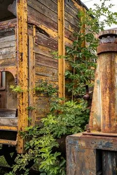 Rusty details of an old steam train with overgrown vegetation at an abandoned Stock Photos