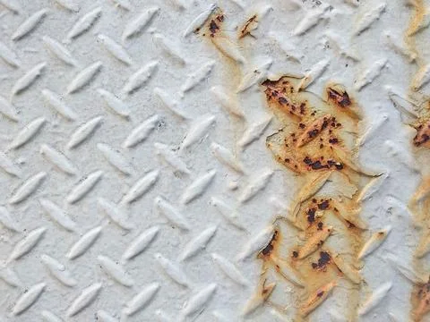 Rusty diamond plate texture on white painted metal floor background Stock-Fotos