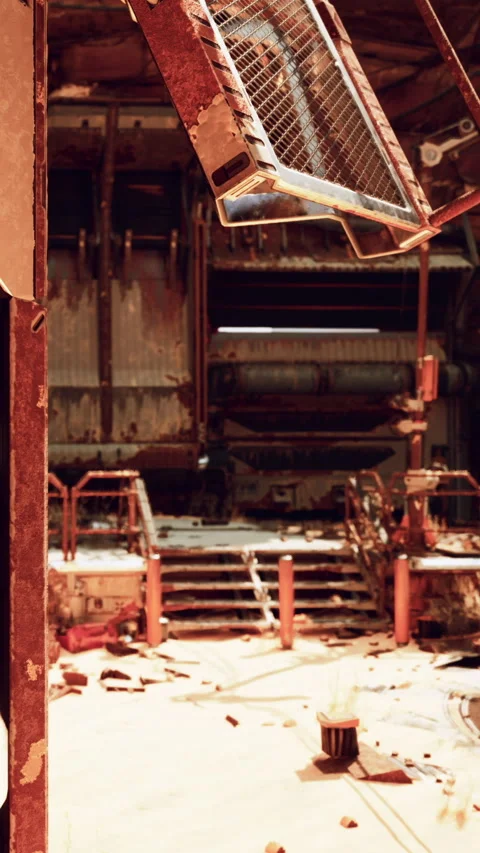 Rusty door in an abandoned industrial space with debris on the floor Stock Footage 341987337
