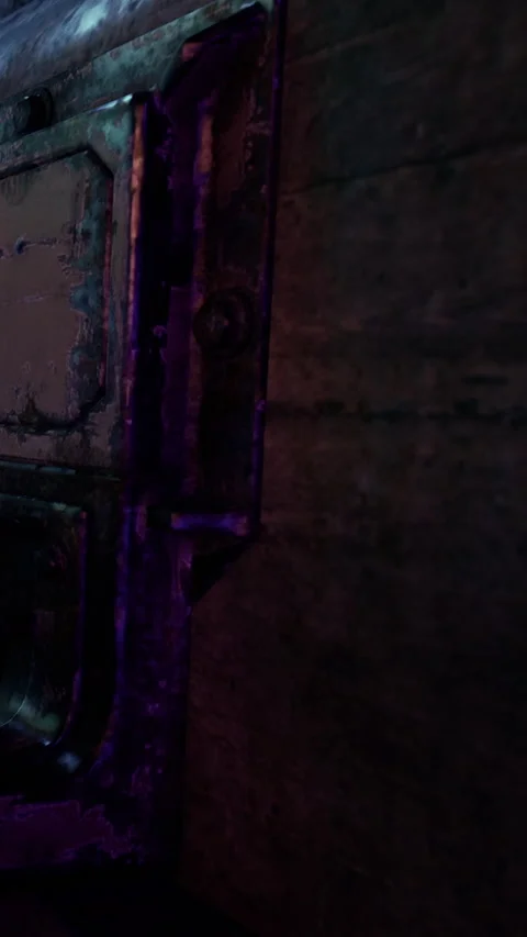 Rusty door with dark textures and shadows in a low light setting Stock Footage 332230705