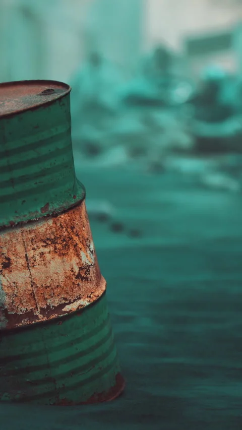 Rusty drum sits in an abandoned area with a blue green background Stock Footage 342157572