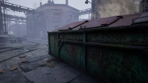 Rusty Dumpster at Abandoned Factory in Heavy Rain and Lightning Storm Stock Footage 342118278