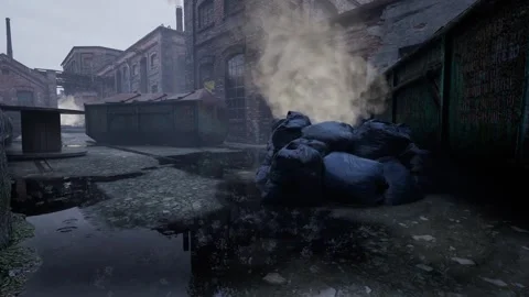 Rusty Dumpster at Abandoned Factory in Heavy Rain and Lightning Storm Stock Footage 342119576