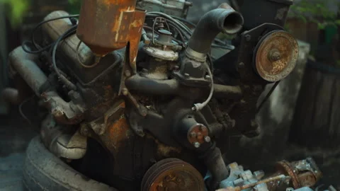 Rusty, dusty, and greasy internal combustion engine parts needing repair Stock Footage 330952763