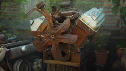 Rusty, dusty, and greasy internal combustion engine parts needing repair Stock Footage 330953009