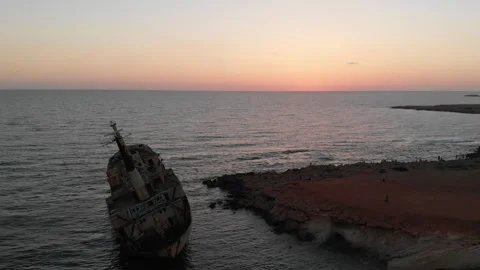 Rusty EDRO III Shipwreck in Cyprus at golden hours of sunset. Drone view Stock Footage 158109673