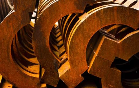 Rusty elements background. Orange brown rusted Ingots of a heavy metal. Details Stock Photos