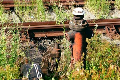 Rusty fire hydrant. It stands in the grass. Against the background of the iro Foto stock