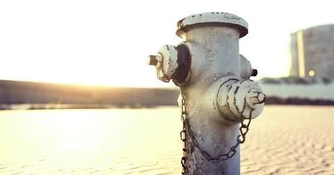 Rusty fire hydrant stands against golden hour backdrop near urban buildings Ilustração Stock