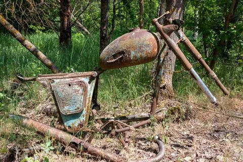 Rusty frame from a motorcycle in the exclusion zone of Belarus. Foto stock