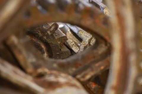 Rusty gears interlocking, creating intricate mechanical structure 스톡 사진