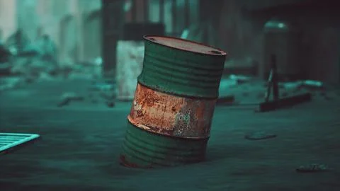 Rusty green barrel on the ground in a deserted urban environment Ilustración de archivo