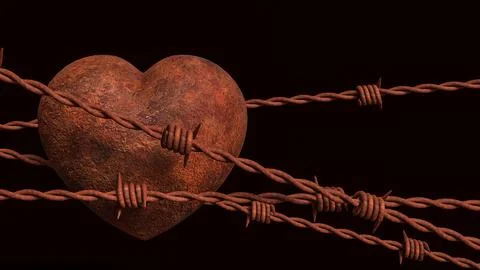 Rusty Heart Behind Barbed Wire 3d render. Illustrazione stock