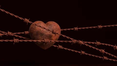 Rusty Heart Behind Barbed Wire 3d render. Illustrazione stock